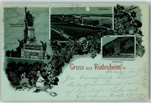 Rüdesheim 1898 Nationaldenkmal Mäuseturm Rhein Weintrauben