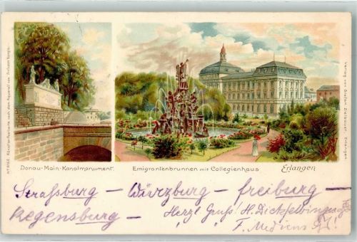 91052 W8520 Erlangen 1897 Lithographie Donau-Main-Kanalmonument Emigrantenbrunnen Collegienhaus