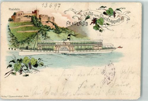 St. Goar 1897 Dampfer Frauenlob Burg Rheinfels Litho