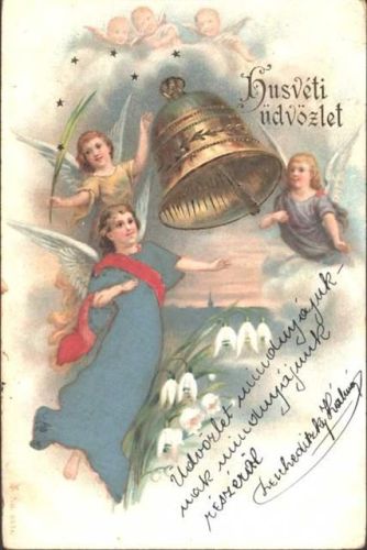 Engelskleidapplikation aus Stoff montiert auf Oster-AK von 1914