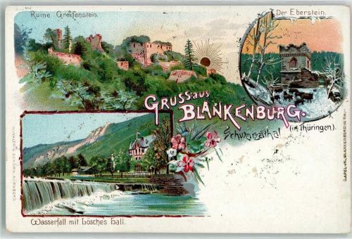 07422 O6823 Bad Blankenburg Lithographie Ruine Greifenstein Der Eberstein Wildschweine Wasserfall Hotel Lösches Hall