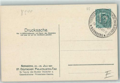 Nürnberg 27. Deutscher Philatelisten-Tag 19. Tagung des Bundes Deutscher u. Österr. Philatelisten-Vereine Juli 1921 Sonderstempel Postkutsche Posthorn Wappen