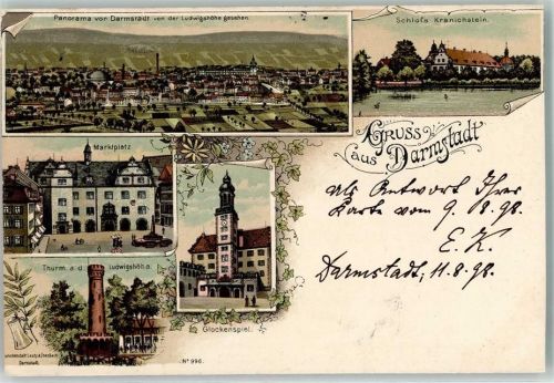 64283 W6100 Darmstadt 1898 Lithographie von der Ludwigshöhe gesehen Schloss Kranichenstein Marktplatz Glockenspiel Turm an der Ludwigshöhe