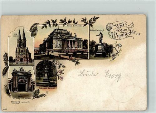 Wiesbaden 1895 Vorläufer Ring-Kirche Kgl. Hoftheater Denkmal Wilhelm I. Bodenstedt-Denkmal