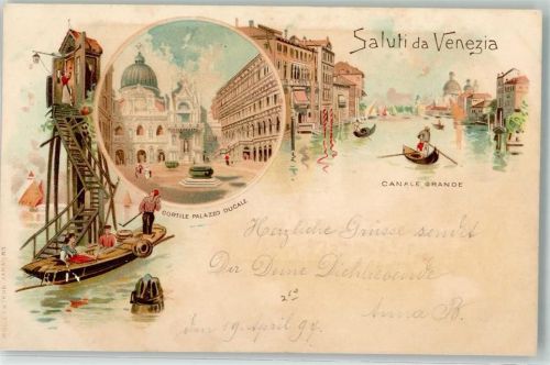 30100 Venezia 1897 Lithographie Cortile Palazzo Ducale Canale Grande Gondeln