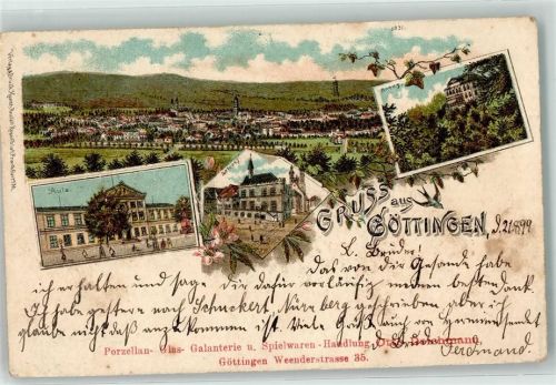 37073 W3400 Göttingen , Niedersachs 1899 Gebrauchsspuren Aula Rathaus Kirche Blumen Gruss Lithographie