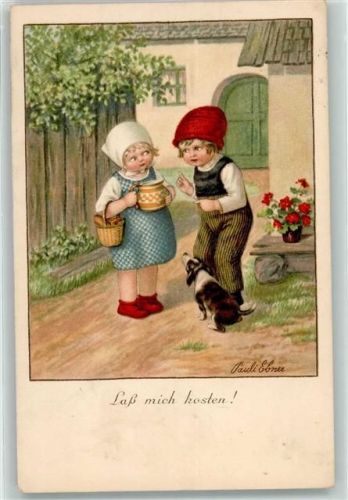 1929 August Rökl Nr. 1448 Kind Milchtopf Hund AK