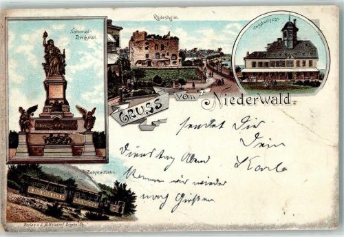 Niederwald 1899 Lithographie Zahnradbahn National Denkmal Jagdschloss Rüdesheim