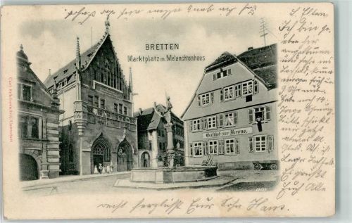 Bretten 1904 Marktplatz Melanchtonhaus Gasthaus zur Krone Brunnen Kinder