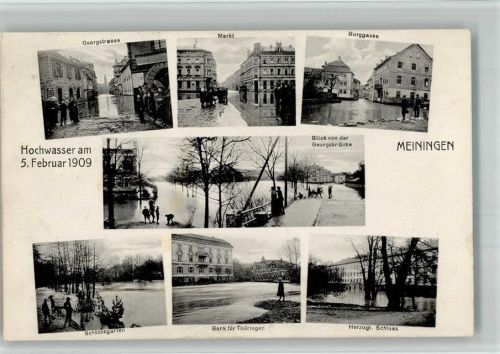 Meiningen 1909 Hochwasserkatastrophe 5.02.1909 Markt Burgstraße Herzogl. Schloß Schlossgarten