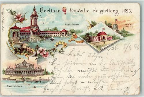 Treptow 1896 Lithographie Gewerbe-Ausstellung 1896 Hauptrestaurant Theater Alt-Berlin Sonderstempel