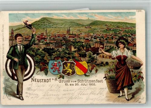 Neustadt 1902 Lithographie Schützenfest Neustadt a. d. Weinstrasse 1902 Schütze Weinlese Winzerin Wappen