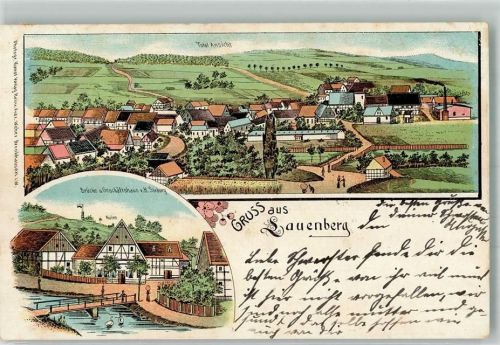 37586 W3354 Lauenberg 1906 Gebrauchsspuren Lithographie Brücke u. Geschäftshaus v. H. Sieburg