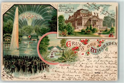 Wiesbaden 1898 Gartenfest Kurgarten Feuerwek Springbrunnen See Fahrrad Kurhaus Königliches Theater Blumen Brunnen Gruss