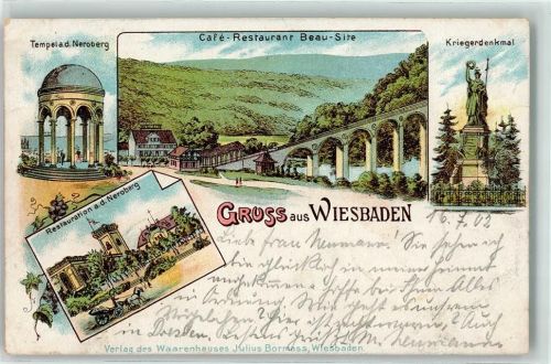 Wiesbaden 1902 Tempel Neroberg Cafe Gasthaus Beau Site Kriegerdenkmal Bergbahn Bahnhof Kutsche Turm Gruss Reben