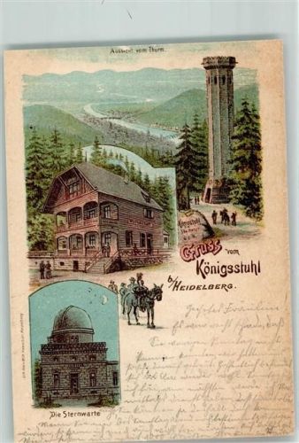 69115 W6900 Königstuhl 1898 Lithographie Aussichtsturm Gasthaus Sternwarte Pferd