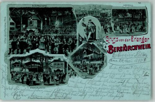 Erlangen 1899 Lithographie Bergkirchweih Gasthaus Erichs Felsenkeller
