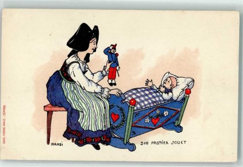1914 Tracht Elsass Baby Wiege Puppe als Soldat