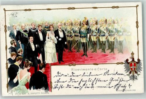sign. Valle Ricevimento a Corte Empfang König v. Italien , Wappen AK Adel Italien 1900 Lithographie