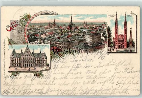 Wiesbaden 1900 Rathaus Kath. Kirche Waterloo-Säule