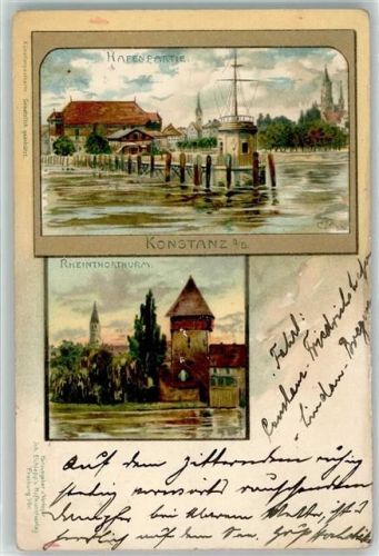 78462 W7750 Konstanz 1900 Lithographie / Künstlerkarte Hafen Bootsanleger Rheintor-Turm
