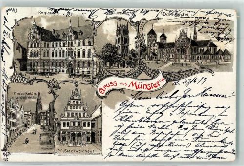 48143 W4400 Münster , Westf 1899 Lithographie Regierung Liebfrauen-Kirche Stadtweinhaus Prinzipal-Markt