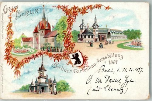 Treptow 1897 Lithographie Berliner Gartenbau Ausstellung 1897 Eingänge
