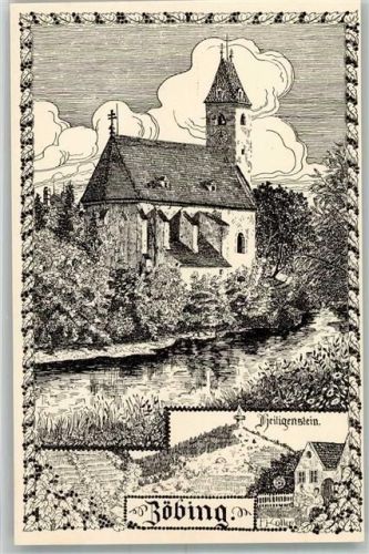 3550 Zöbing Künstlerkarte sign. Koller Franz Heiligenstein Pfarrkirche St. Martin