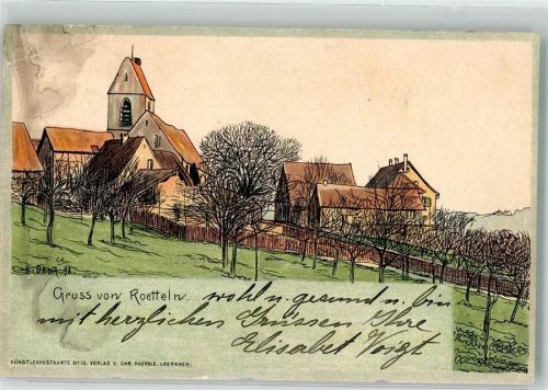 Lörrach 1925 sign. Daur Ev. Kirche im Ortsteil Roetteln Künstlerkarte