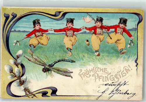 1901 mit Glimmer - Glitzerauflage Hollandkinder Holzschuhe Tracht Libelle Jugendstil