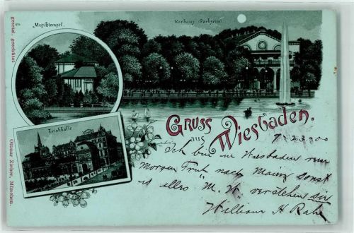 Wiesbaden 1900 Musiktempel Kurhaus Parkseite Trinkhalle Kirche Springbrunnen Mond Blumen Gruss