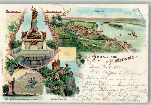 Rüdesheim 1901 Niederwald Denkmal Mäuseturm Schloss Rheinstein