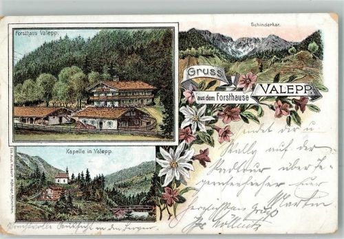 83727 W8162 Valepp 1899 Gebrauchsspuren Lithographie Forsthaus Schinderkar Kapelle Hüttenstempel Mittelbug