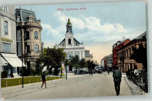 Pecs 1913 - Irgalmasok Straße Straßenbahn Litfaßsäule