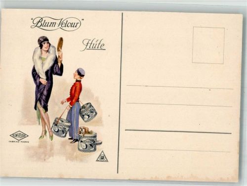 Blum-Velour Hüte Glamour Frau und Page mit Hutschachteln Werbung Mode 1925