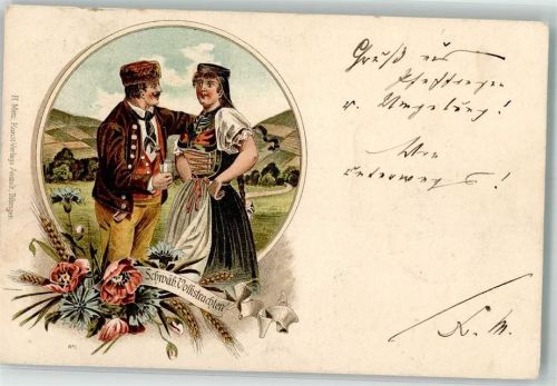 1897 Volkstrachten pFEIFE lIEBESPAAR Lithographie VerlaG h: mETZ nR: 2