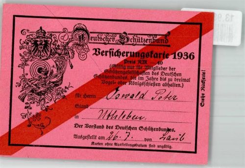 Ephemera Schützenbund 1936 Versicherungskarte