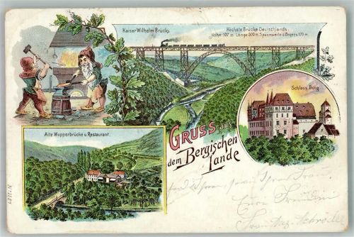 42651 W5650 Müngsten Schaberg 1902 Lithographie Kaiser Wilhelm Brücke Alte Wupperbrücke u. Gasthaus