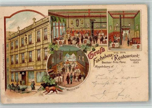Magdeburg 1900 Lithographie Gasthaus zum Fuchsbau Speisezimmer Weinzimmer Fuchs