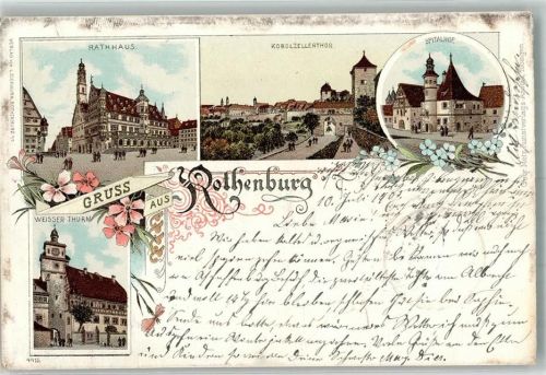 Rothenburg 1901 Lithographie Rathaus Weißer Turm Kobolzellertor Spitalhof
