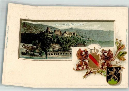 69115 W6900 Heidelberg , Neckar 1904 Prägedruck Heidelberger Schloss Wappen Passepartout Lithographie
