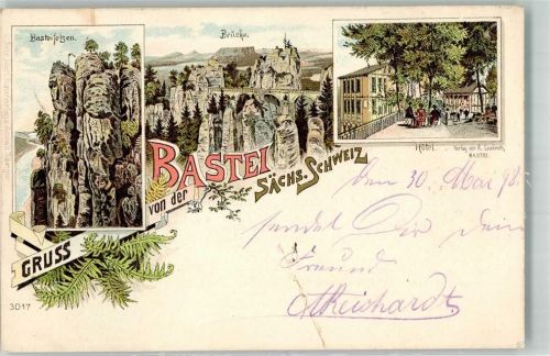 01847 O8354 Lohmen , Sachs 1898 Lithographie Basteifelsen Brücke Hotel