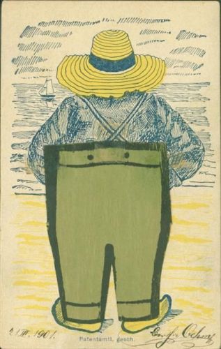 1901 Applikation aufgeklebte Hose aus Papier Strohhut Patent AK