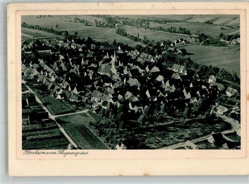 71665 W7143 Horrheim 1935 FOTO KEINE AK Fliegeraufnahme des Ortes mit der Clemenskirche Original aufmontierte Verlagsmusterkarte