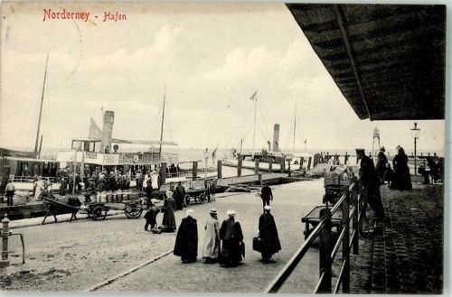 Norderney 1909 Der Hafen v. Norderney Ausflugsdampfer Pferdefuhrwerk Wasserhydrant