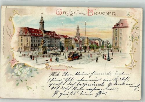 Dresden 1897 Pferdestraßenbahn Denkmal Hauptstrasse Lithographie