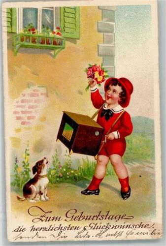 Geburtstag Gratulant Kind und Hund Drehorgel Künstlerkarte