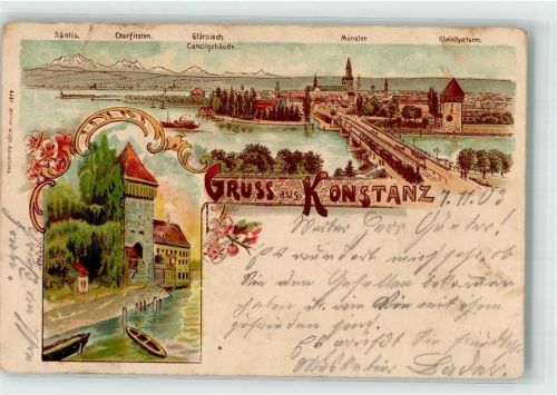 Konstanz 1903 Münster Rheintorturm Rheinbrücke Alpenpanorama