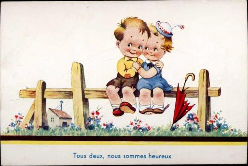 um 1941 2 Kinder auf Zaun, -Tous deux, nous sommes heureux- AKU1