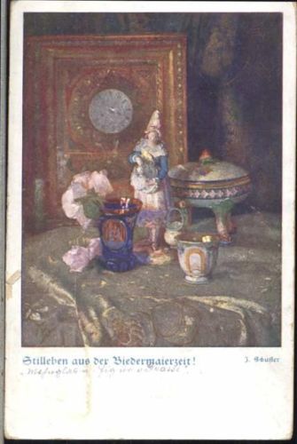 1929 Stillleben mit Rosen und altem Porzellan, Standuhr, Nr. 1840,Kunstverlag Wien,sign. J. Schuster